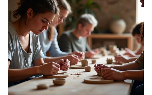 Gruppo di adulti che modellano argilla durante un workshop di ceramica