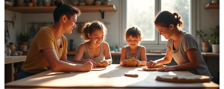 Una famiglia durante un vivace workshop di ceramica, dove genitori e figli modellano argilla insieme