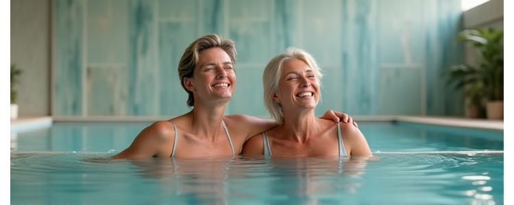 Clienti sorridenti che si rilassano in una spa moderna con ampie superfici in vetro e ceramica chiara