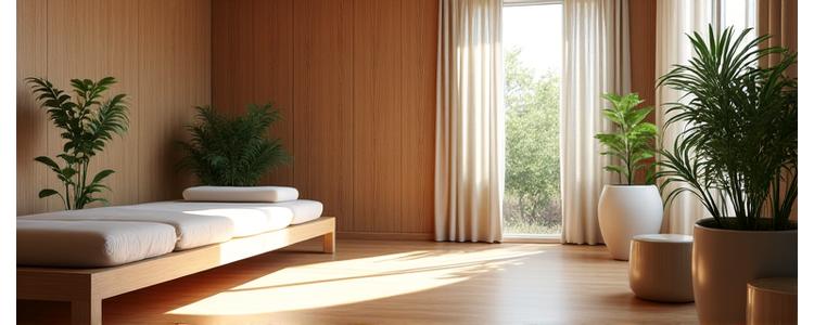 Interno di uno studio medico olistico, arredato con toni naturali, piante e sculture in ceramica