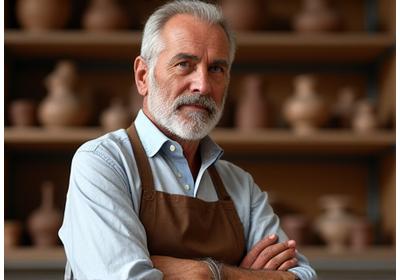 Ritratto del Maestro Artigiano Carlo Bianchi, serio e pensoso, con sfondo di un laboratorio di ceramica