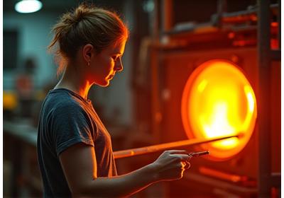 Ritratto energico di Giulia Neri, maestra vetraia, mentre manipola il vetro fuso