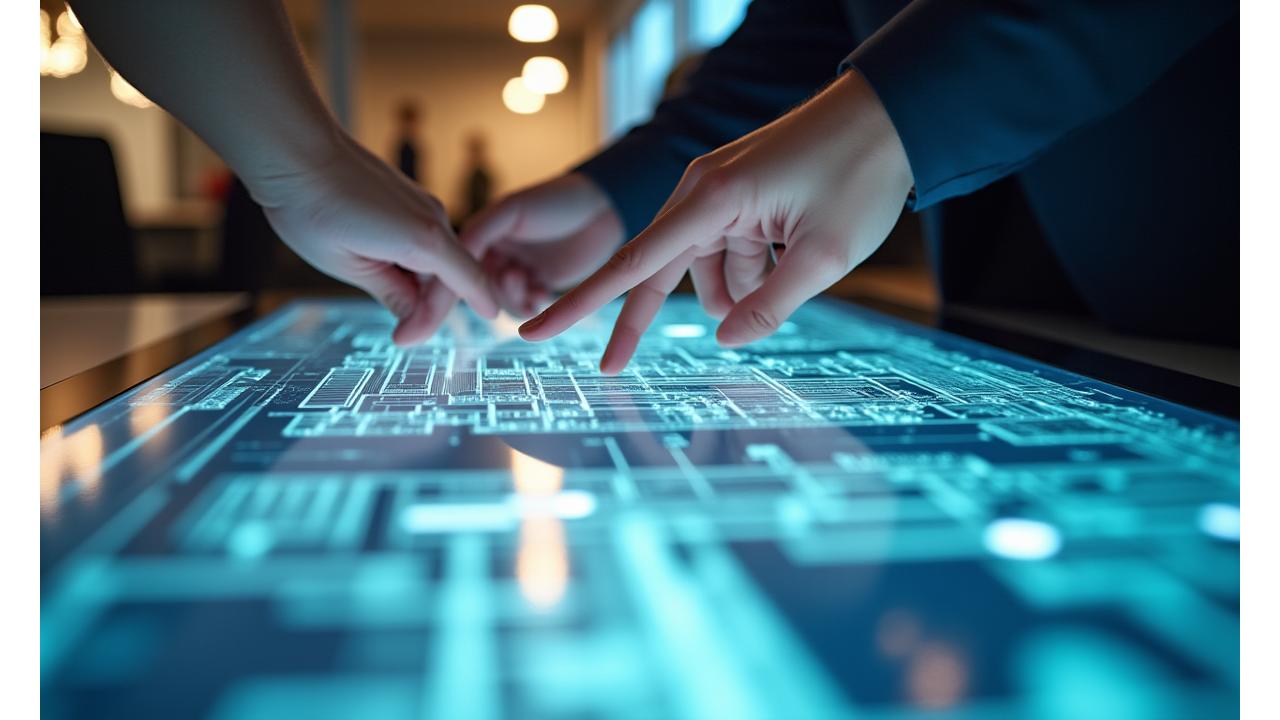 Architetto che lavora su un rendering 3D di un progetto con elementi in vetro, in collaborazione con un team.