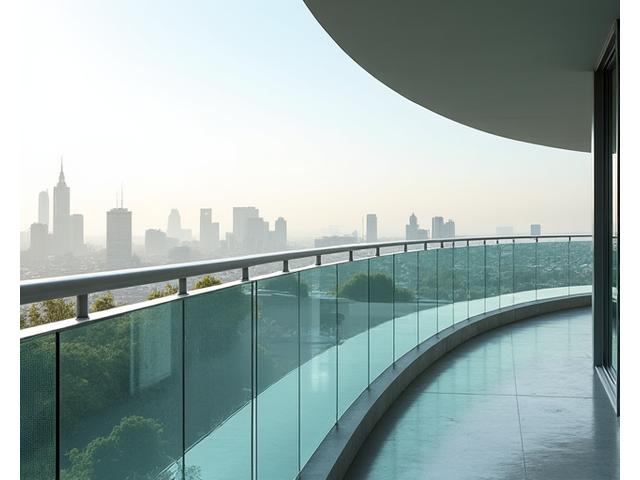 Moderne balaustre in vetro senza telaio lungo un balcone con vista.