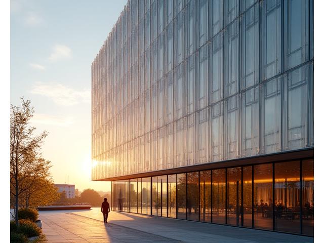 Dettaglio di facciata ventilata esterna con pannelli di vetro colorato che riflettono il cielo.