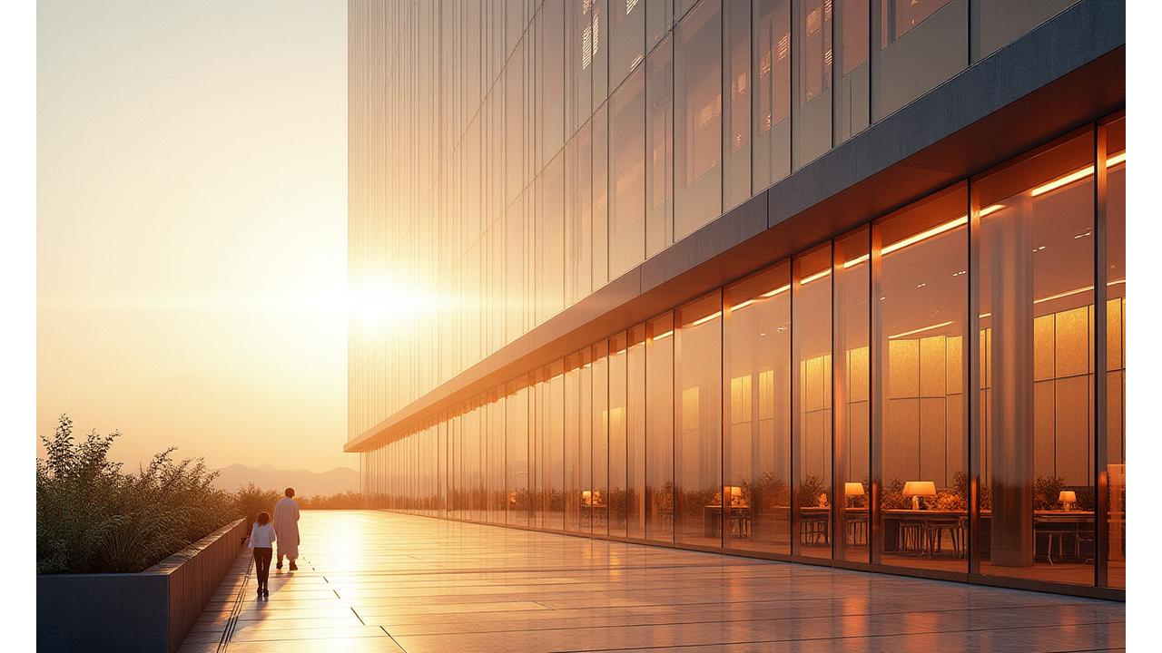 Facciata continua in vetro artistico con dettagli in bronzo e luce naturale che la attraversa.