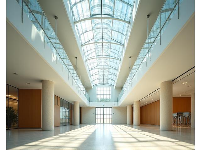 Un ampio lucernario in vetro che inonda di luce naturale un moderno atrio.