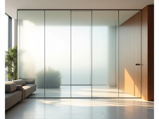 Elegante parete divisoria in vetro temperato smerigliato in un moderno ufficio.