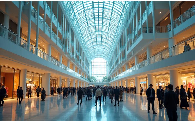Atrio di un grande centro commerciale con tetto e pareti in vetro curvo.