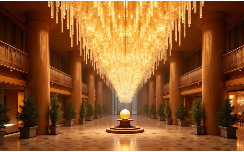 Lobby di un hotel di lusso con un'imponente installazione artistica a soffitto in vetro.