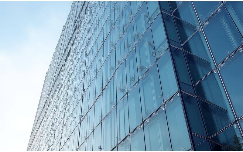 Facciata di un moderno palazzo uffici con ampi pannelli di vetro riflettente.