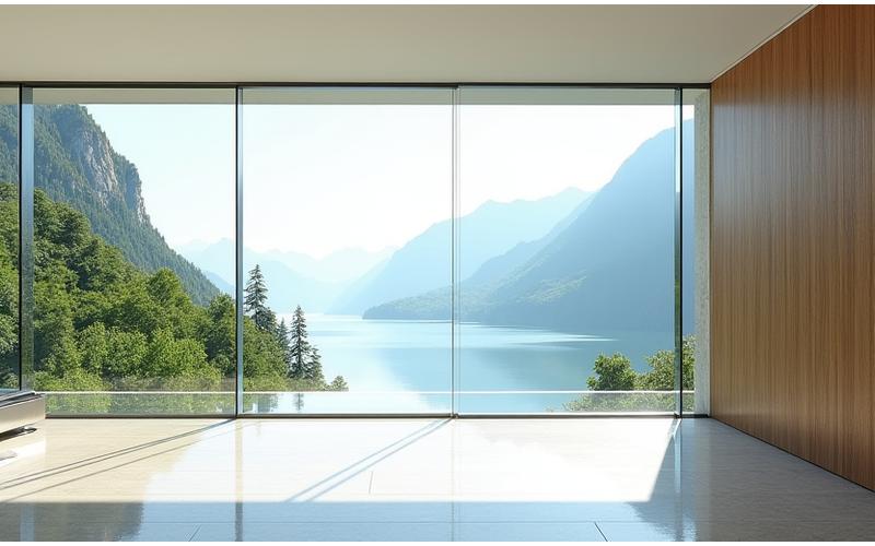 Interno di una residenza privata moderna con pareti divisorie in vetro trasparente.