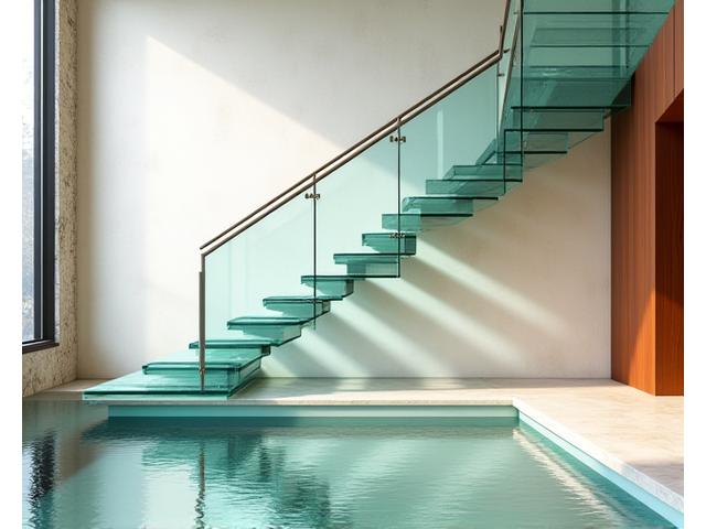 Scala moderna con gradini in vetro e ringhiere minimaliste, che crea un senso di leggerezza.