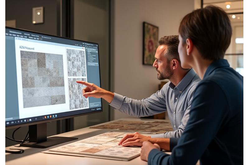 Interior designer che presenta rendering 3D di piastrelle personalizzate a un cliente