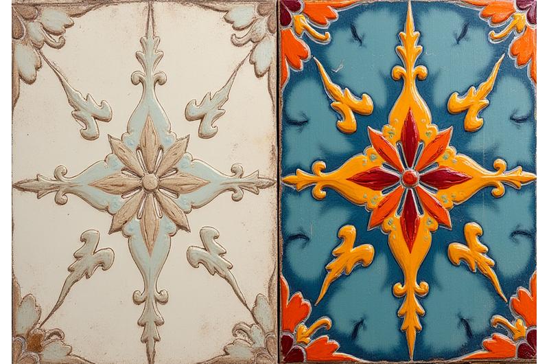 Immagine comparativa di piastrelle antiche prima e dopo il restauro