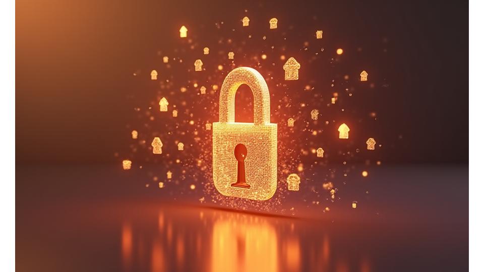 Concetto visivo della protezione dei dati personali, con un lucchetto stilizzato che protegge icone astratte di informazioni digitali, su uno sfondo sfumato che richiama i colori caldo-terrosi di Aria Nuova.