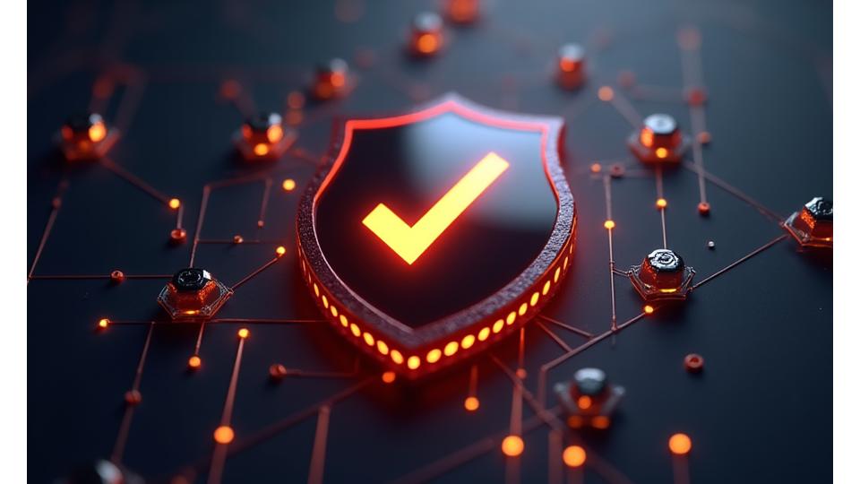 Scudo stilizzato con un simbolo di check, circondato da elementi grafici che rappresentano la crittografia, il backup e la conformità. Toni caldi e metallici per un senso di robustezza e fiducia.