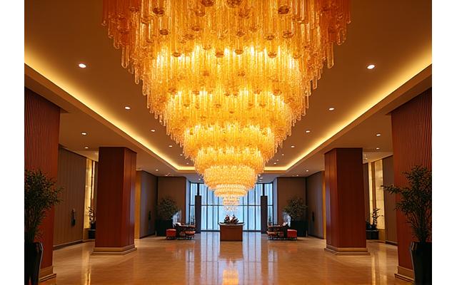Installazione di luci in vetro soffiato personalizzate in una reception di un hotel a 5 stelle, con tonalità calde e design sofisticato