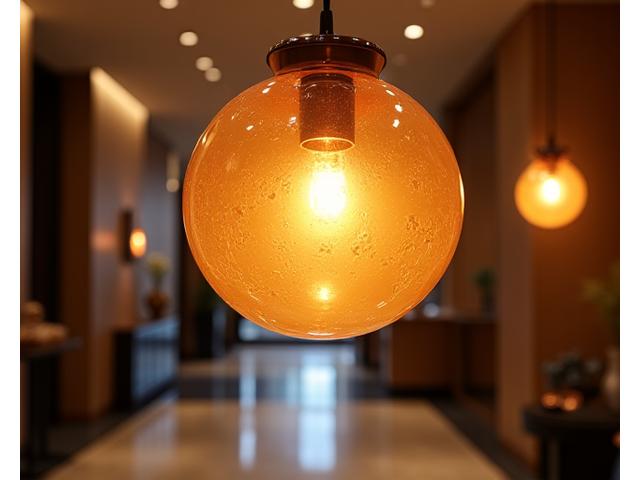 Lampada a sospensione in vetro soffiato, tonalità ambrate, in un hotel di lusso