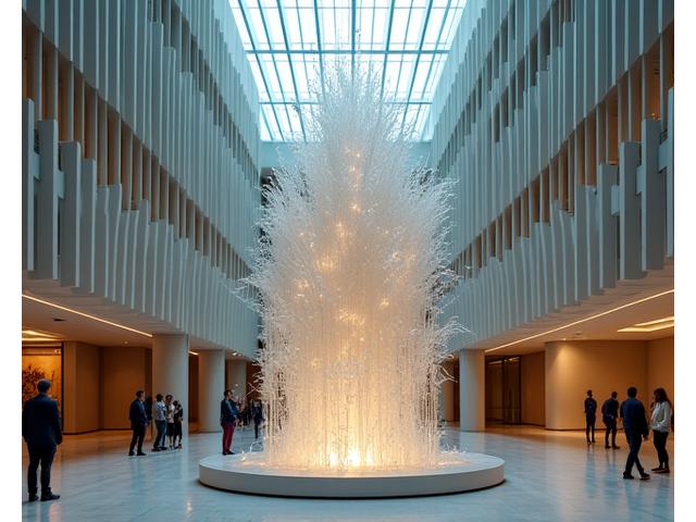 Installazione artistica monumentale in vetro soffiato trasparente e colorato in un atrio pubblico di grandi dimensioni