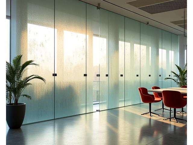 Pannello divisorio in vetro soffiato con motivi intricati e colori vivaci in un ufficio moderno