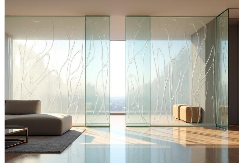 Parete divisoria artistica in vetro soffiato multicolore che separa due ambienti di un loft moderno