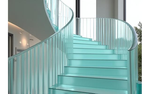 Ringhiera di una scala elicoidale in vetro soffiato trasparente e satinato in una lussuosa residenza privata