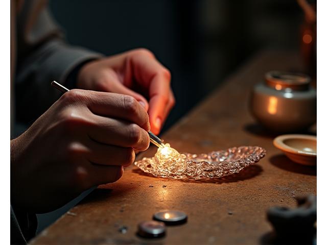 Maestro vetraio che esamina un frammento di vetro antico danneggiato con strumenti specializzati per il restauro