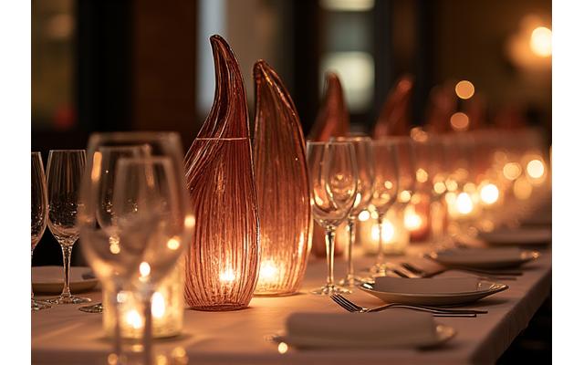 Vasi e centrotavola in vetro soffiato unici in un ristorante gourmet, che riflettono la luce soffusa delle candele