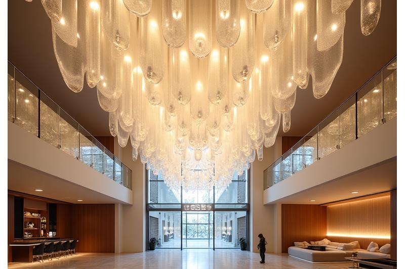 Soffitto in vetro colorato con effetti di luce che creano un ambiente etereo in un atrio di hotel