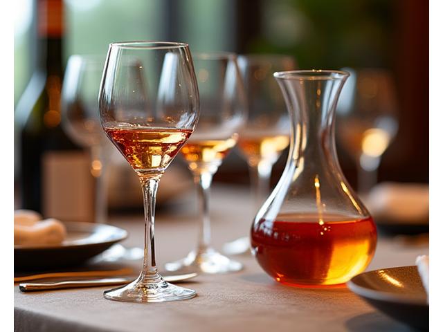 Bicchieri da vino e caraffa in vetro soffiato finemente lavorato su una tavola imbandita di lusso