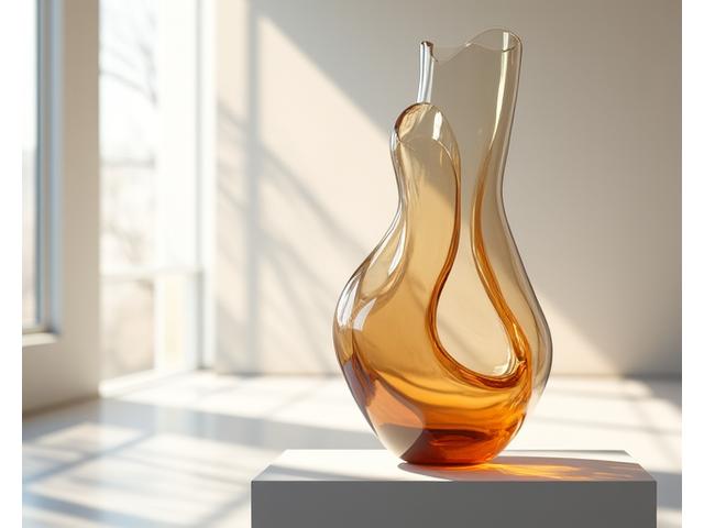 Vaso scultura astratto in vetro soffiato, colori tenui e forme organiche, esposto in una galleria d'arte moderna