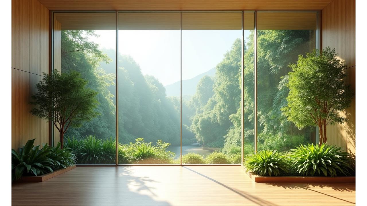 Interno moderno di un edificio con ampie vetrate, attraverso le quali si intravede un paesaggio verde lussureggiante, che simboleggia l'integrazione di architettura e natura.