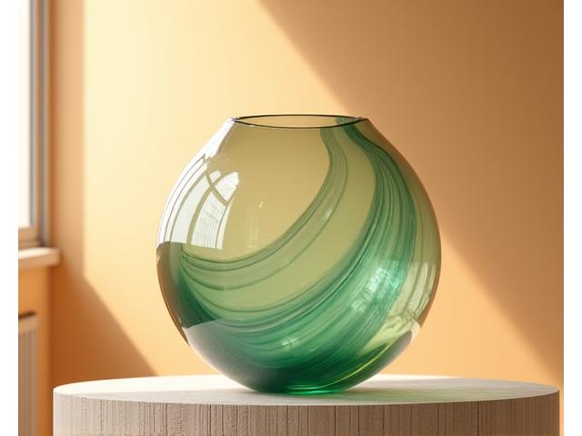 Elegante vaso in vetro soffiato con sfumature di colore, realizzato da bottiglie riciclate, posizionato su una base di legno, illuminato delicatamente.