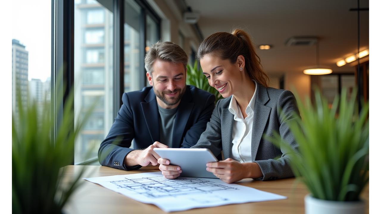 Due professionisti che esaminano progetti di architettura sostenibile su un tablet in un ufficio moderno, con piante verdi in background e luce naturale.