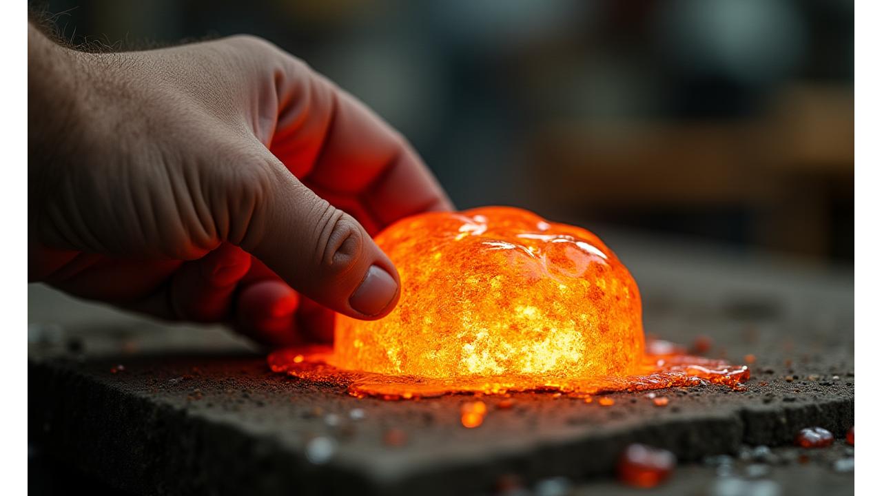 Mani che plasmano vetro fuso proveniente da materiali riciclati, con un processo di soffiatura del vetro in un laboratorio moderno e pulito.