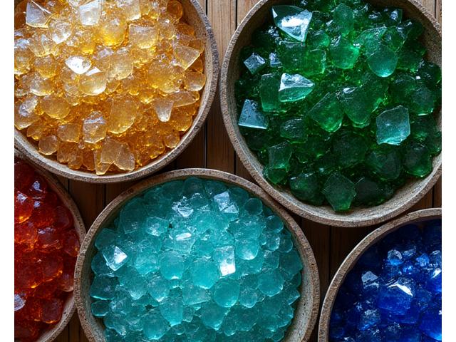 Accumulo ordinato di frammenti di vetro colorati pronti per il riciclo, catturati in un contesto che suggerisce un laboratorio artistico.