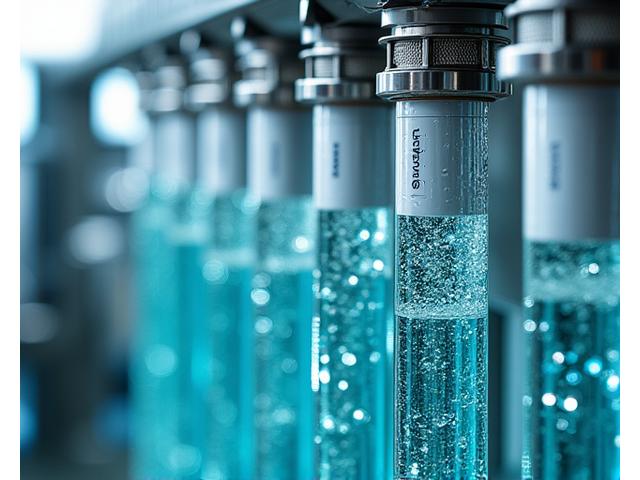Sistema di riciclo dell'acqua in un ambiente industriale pulito, con tubi e filtri che mostrano un flusso d'acqua trasparente.