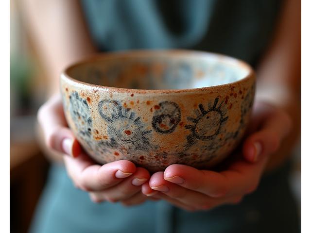 Mani che mostrano con orgoglio un vaso di ceramica appena decorato