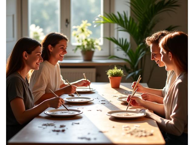 Gruppo di adulti che dipingono su ceramica con espressioni rilassate