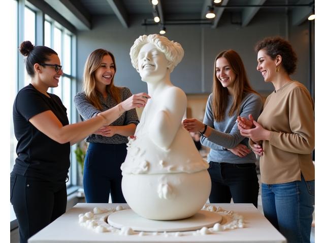 Team aziendale collabora su un progetto di scultura in ceramica