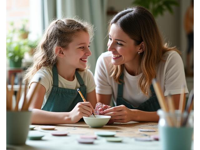 Famiglia sorridente che decora ceramiche insieme