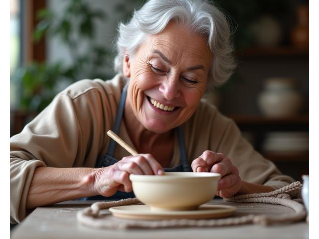 Anziana sorridente lavora a un pezzo di ceramica