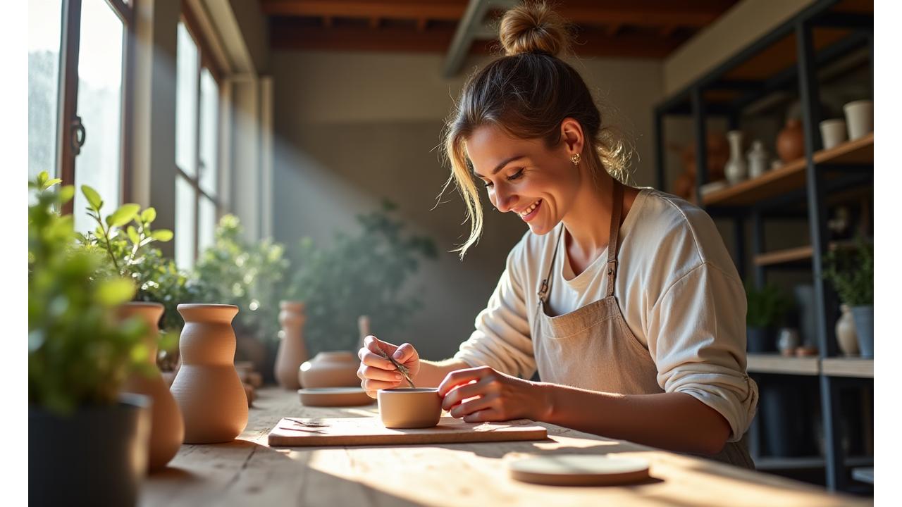 Donne sorridenti mentre modellano ceramica in un laboratorio luminoso